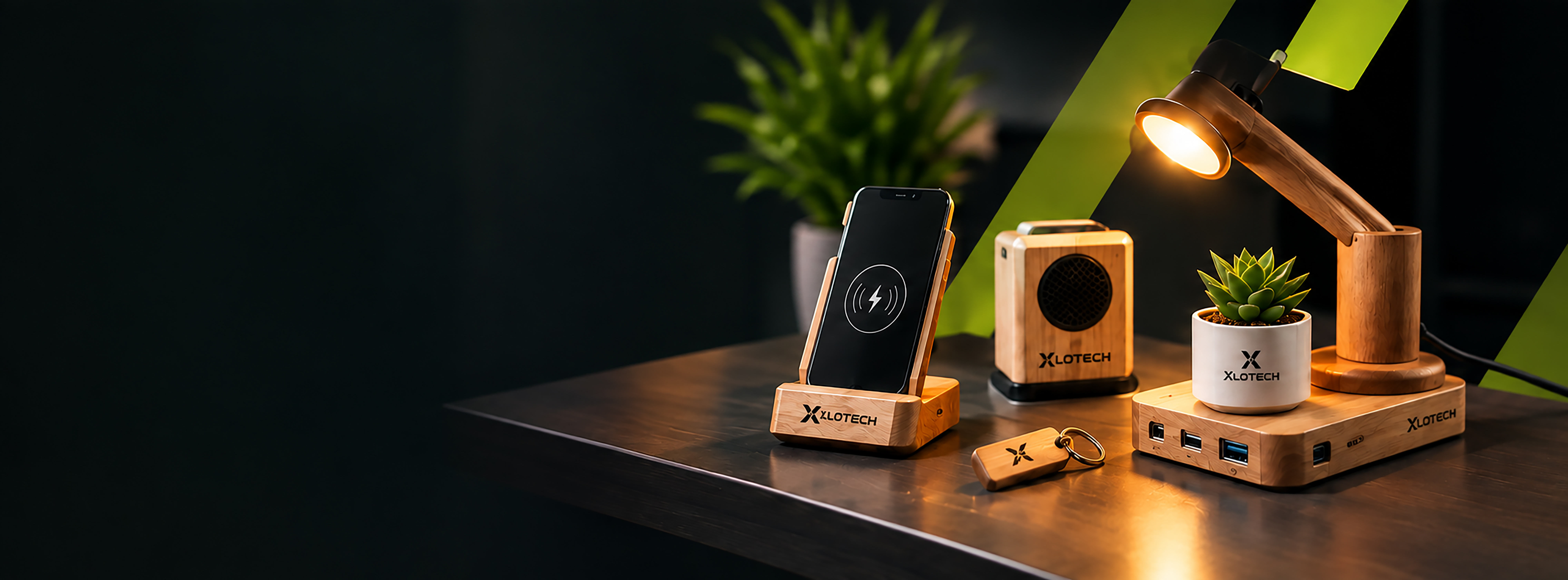 Xlotech smart desk products — wireless charger, speaker, lamp and USB hub
